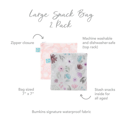 Bumkins Reusable LARGE Snack/Sandwich Bag - Twin Pack Floral and Lace