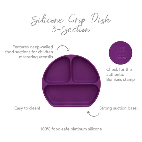 Bumkins Silicone Grip Dish 3 Sections- PURPLE