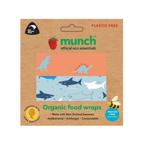 Munch Organic Beeswax Food Wraps MEDIUM-Dino/Shark Twin Pack