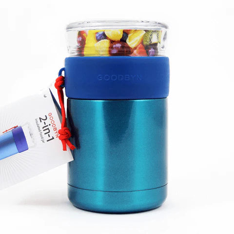 Goodbyn 2 in 1 Insulated Food Jar Thermos plus Snack Compartment- Blue