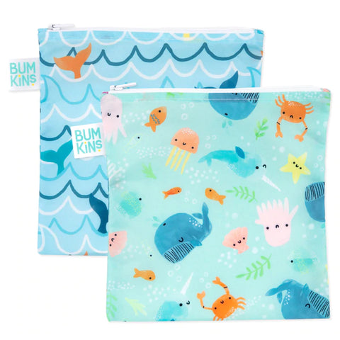 Bumkins Reusable LARGE Snack/Sandwich Bag - Twin Pack Rolling with the Waves